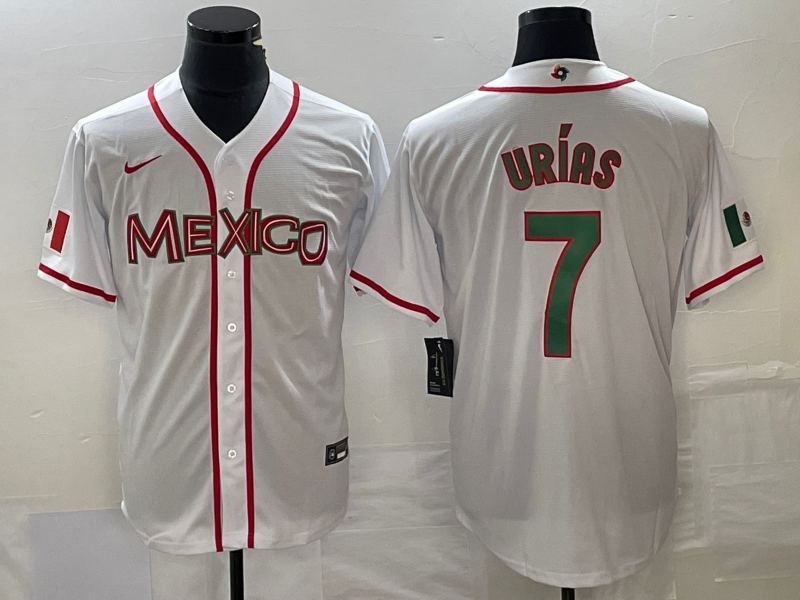 Men's Mexico Baseball #7 Julio Urías 2023 White World Baseball With Patch Classic Stitched Jersey